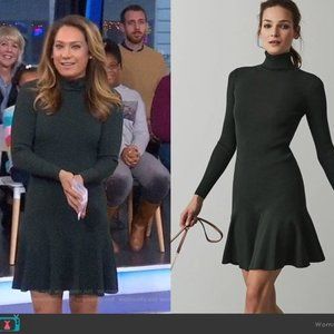 Reiss Dark Green Long Sleeve Turtleneck Fit-and-Flare Dress